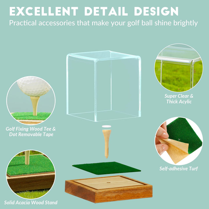 JupDec Golf Ball Display Case Clear Acrylic Memorabilia Stand Cube Holder with Wood Base & Tee, Dust Protection Transparent Storage Box for Single Ball Souvenir Golfball Collections, Brown, 1 Pack