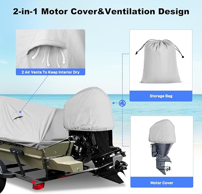 Boat Cover 17-19ft, Bass Tracker Boat Cover with Sand Bag Mooring Kit, 1200D Marine Canvas Waterproof Heavy Duty Boat Covers for 17 feet 18ft 19' Foot V Hull Bass & Runabout Boat,Gray