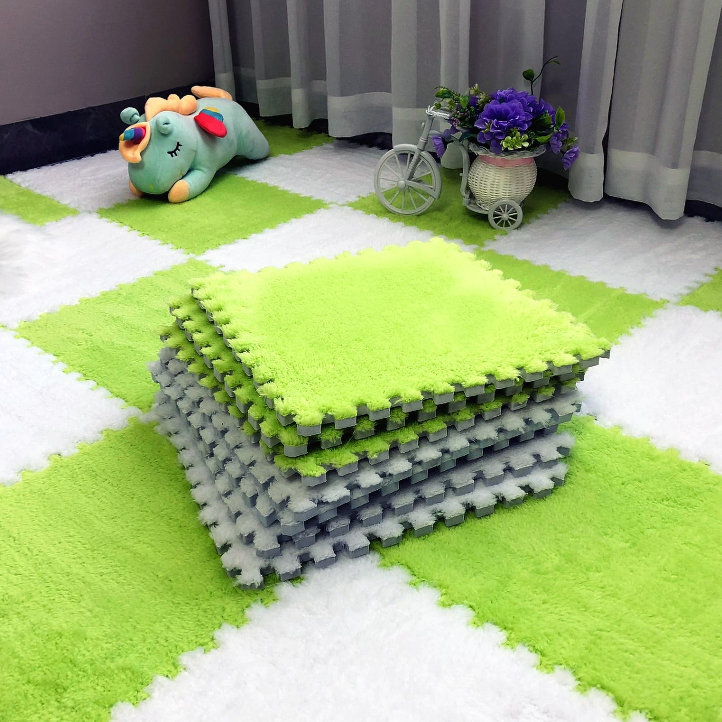 easycustomerlee 12pcs Tiled Puzzle Play Mats Interlocking Shaggy Soft EVA Foam Mats Protective Floor for Children Kids Room Home Parlor Bedroom(Green)