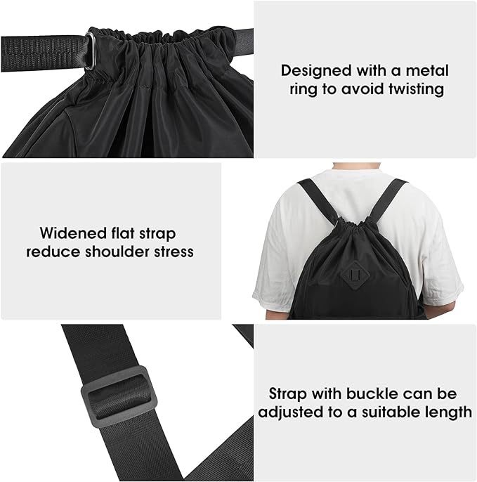 WANDF Drawstring Backpack Sports Gym Bag with Shoes Compartment, Water-Resistant String Backpack Cinch for Women Men (Large,Black)