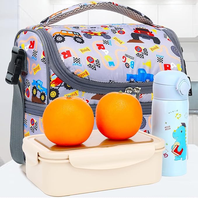 FlowFly Double Decker Cooler Insulated Lunch Bag Large Tote for Boys, Girls, Men, Women, With Adjustable Strap (Truck)