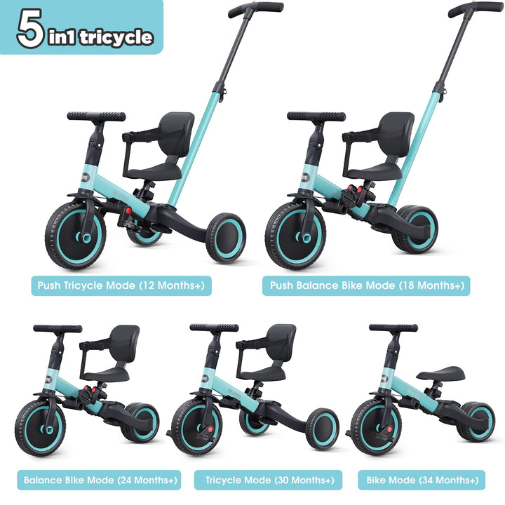 newyoo Tricycles for 1-3 Year Olds, Toddler Bike, for Boys and Girls, Toddler Tricycle with Parent Push Handle, Trike with Backrest & Safety Belt, Blue, TR007