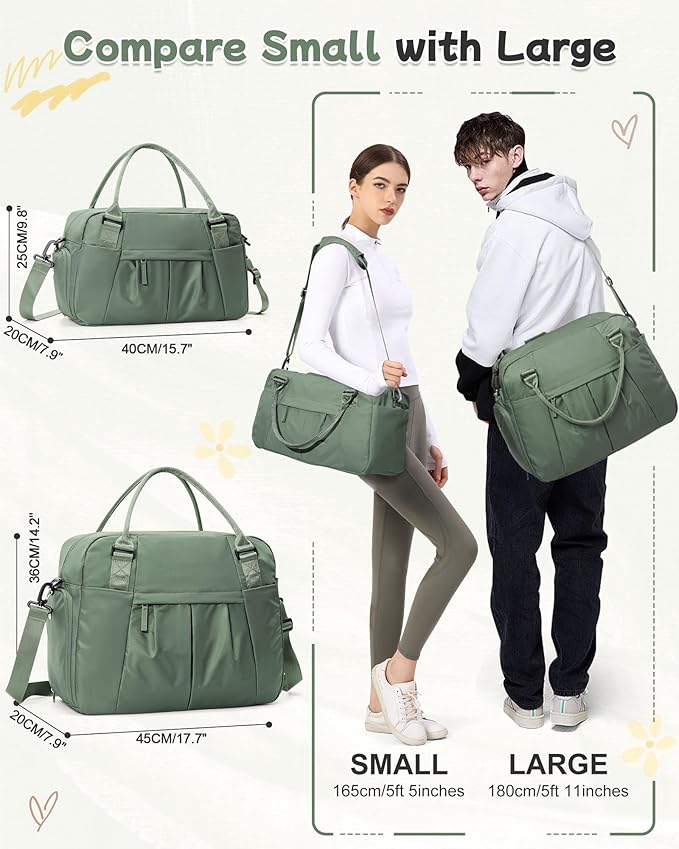 Travel Duffel Bag for Women - Small Waterproof Weekender Tote Carry on Bag with Shoe Compartment, Wet Pocket & Trolley Sleeve - Ideal for Gym, Yoga, Swim, Dance & Workout Green