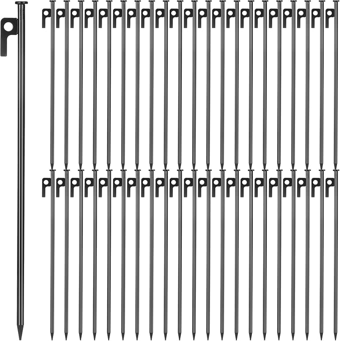 Blulu 24 Pcs 8/12/16 Inch Tent Stakes Heavy Duty Steel Metal Tent Pegs Unbreakable and Inflexible Metal Stakes Tent Spikes for Camping, Yard Decoration, Picnic, Tarp(Black, 16 Inch)