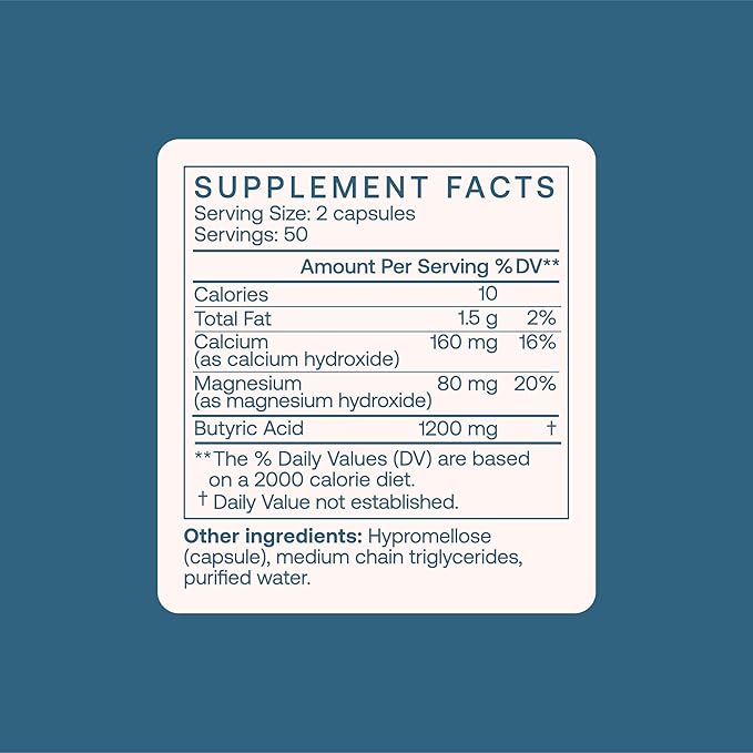 BodyBio Butyrate Supplement - Postbiotic for Gut Microbiome Health, Digestion and Regulation Support - Butyric Acid with Calcium Magnesium - 100 Capsules