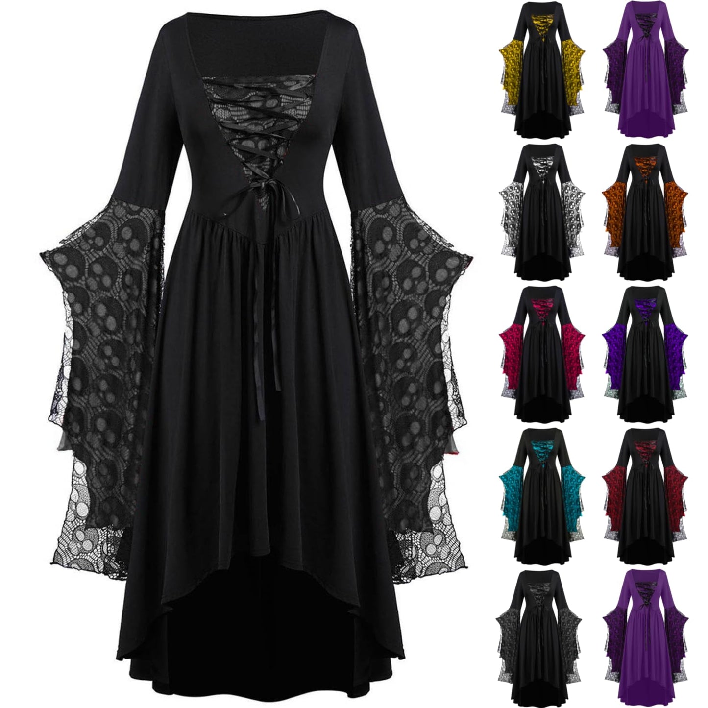 Rkwins Renaissance Dress for Women Gothic Vampire Dress Scary Print Maxi Dress Plus Size Witch Dress Medieval Corset Dress