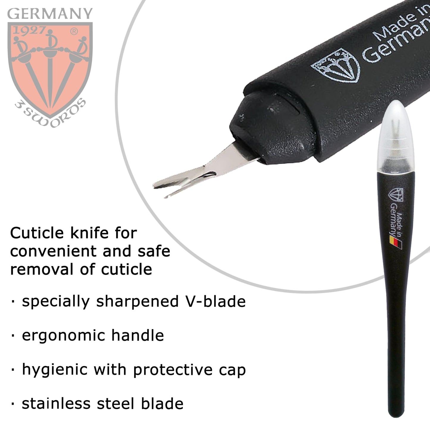 3 Swords Germany - brand quality CUTICLE REMOVER TRIMMER KNIFE (1 piece) manicure pedicure grooming for professional finger & toe nail care by 3 Swords, Made in Germany