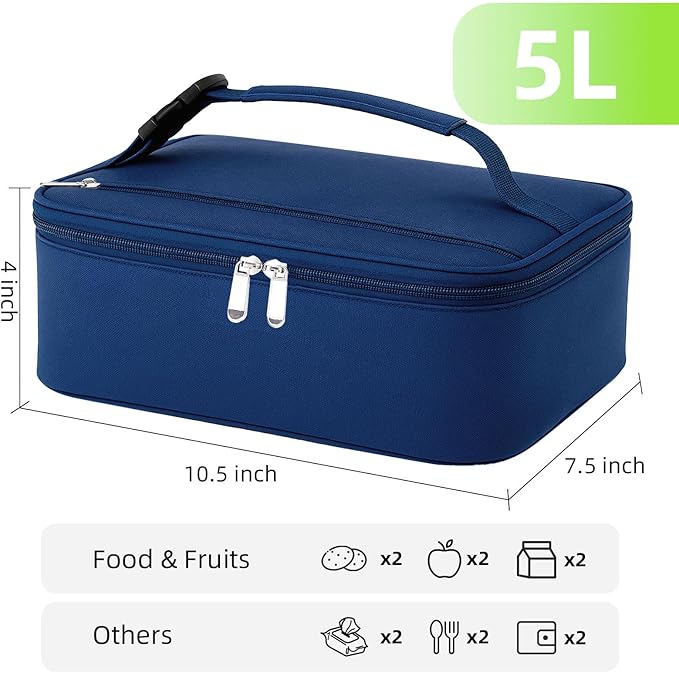 Small Lunch Box Insulated Lunch Bag for Women Men, Bento Kids Lunch Box, Compact Portable Thermal Meal Cooler Bags with Buckle Handle for Work & School, Navy Blue 5L