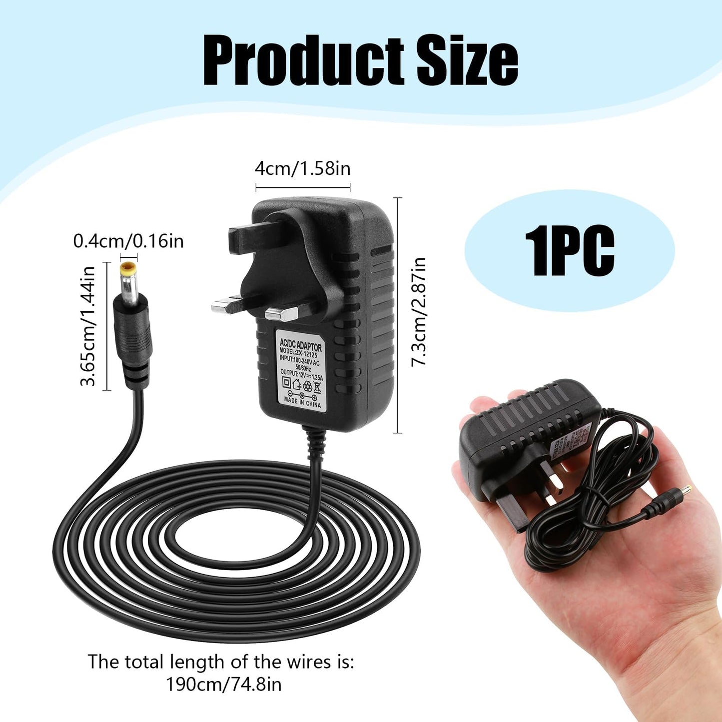 12V 1.25A Power Supply Charger, Compatible with Echo Dot 3rd/4th/5th Gen and Echo Dot with Clock 15W Power Cable Adapter with 4.0x1.7mm Plug for Smart Devices Durable 6.5FT Cord for Home or Office