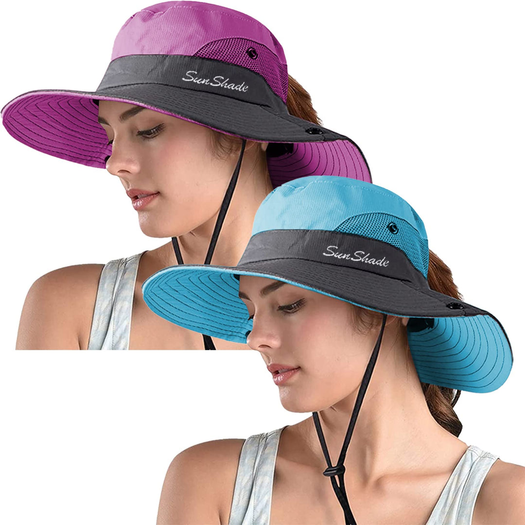 ZOORON 2 Pack Women's Ponytail Safari Sun Hat,Wide Brim UV Protection Outdoor Bucket Hat,Foldable Beach Summer Fishing Hat