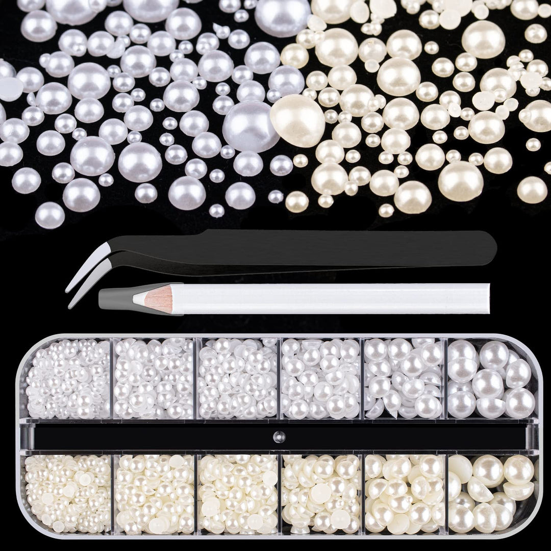 Belleboost Flat Back Pearls Kits 1 Box Of Flatback White&Beige Half Round Pearls With Pickup Pencil And Tweezer For Home Diy And