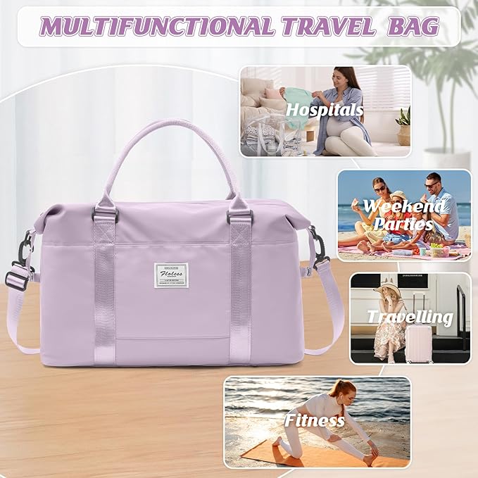 Light Purple Sports Duffel Bags for Women Weekender Travel Totes Bag for Airplane, Cute Sports Gym Dance Bag Overnight Luggage Bag with Wet Pocket, Carry On Hospital Bag for Labor and Delivery