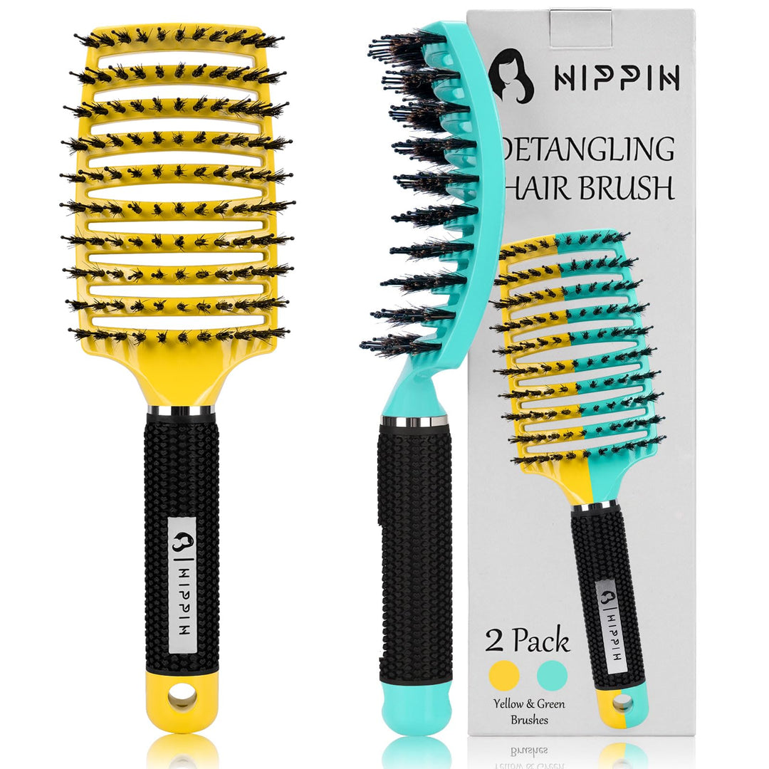 Detangling Brush 2 Pack, Hippih Boar Bristle Hair Brush For Women, Men & Kids ' Wet Or Dry Long Curly Thick Hair - Adds Shine An
