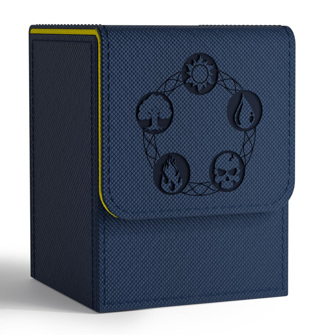 ZLCA Card Deck Box for MTG, Card Storage Box Fits 100+ Single Sleeved Cards, PU Leather Strong Magnet Card Deck Case for Magic Commander TCG Cards (Blue& Yellow)