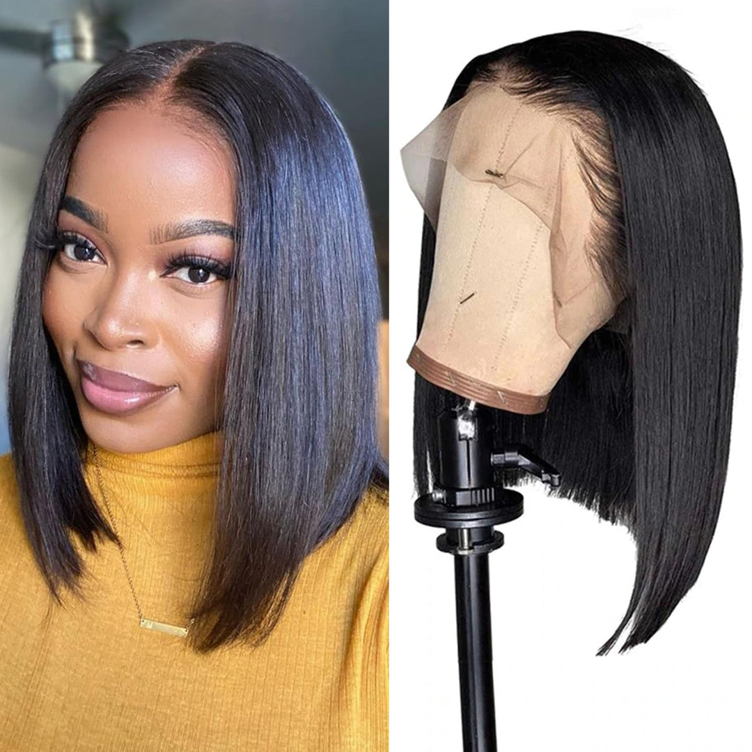 Brazilian Straight Bob Wig Human Hair 14 Inch 13X4 Hd Lace Front Wigs 180 Density Glueless Pre Plucked With Baby Hair 180% Densi