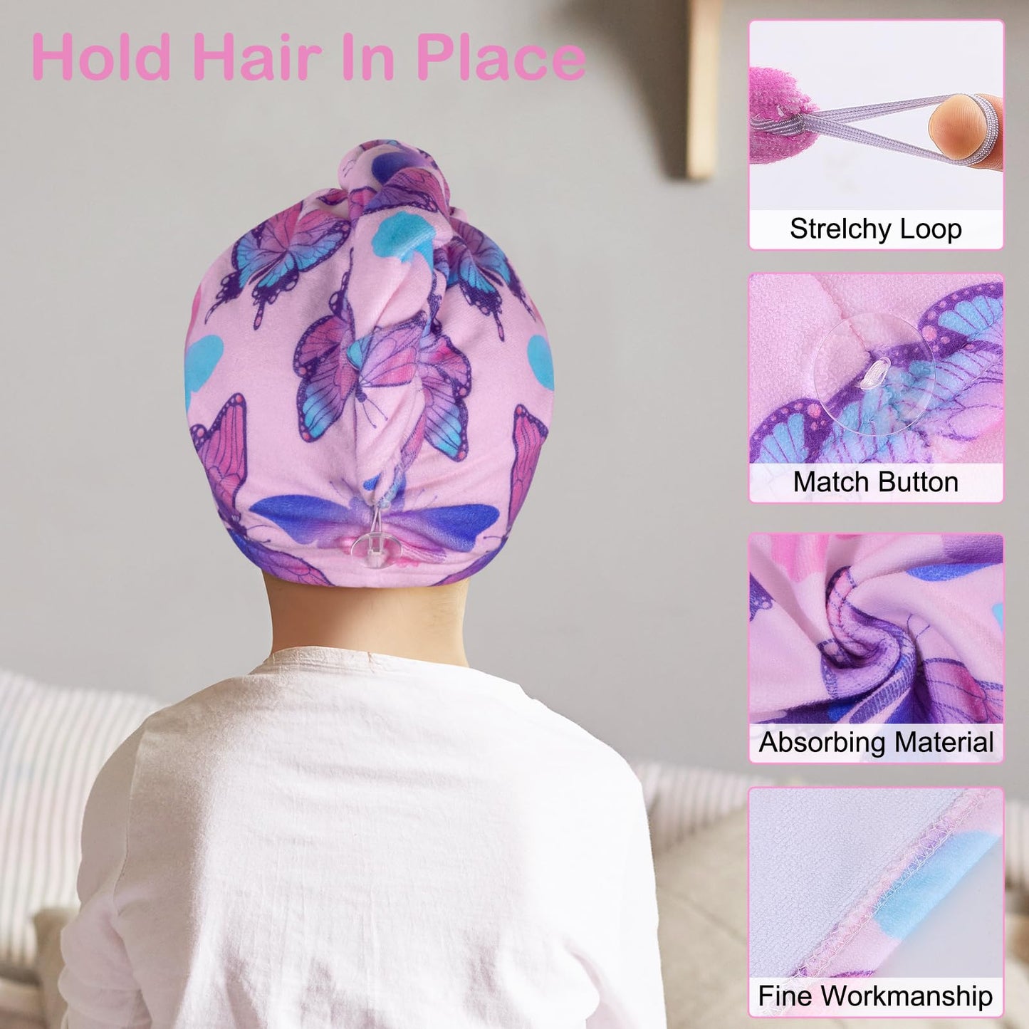 Basumee Microfiber Hair Towel Wrap for Kids 2 Pack - Rapid Drying Turbans With Button for Wet Hair - Head Towel Wrap for Women and Girls, Blue Pink Butterfly