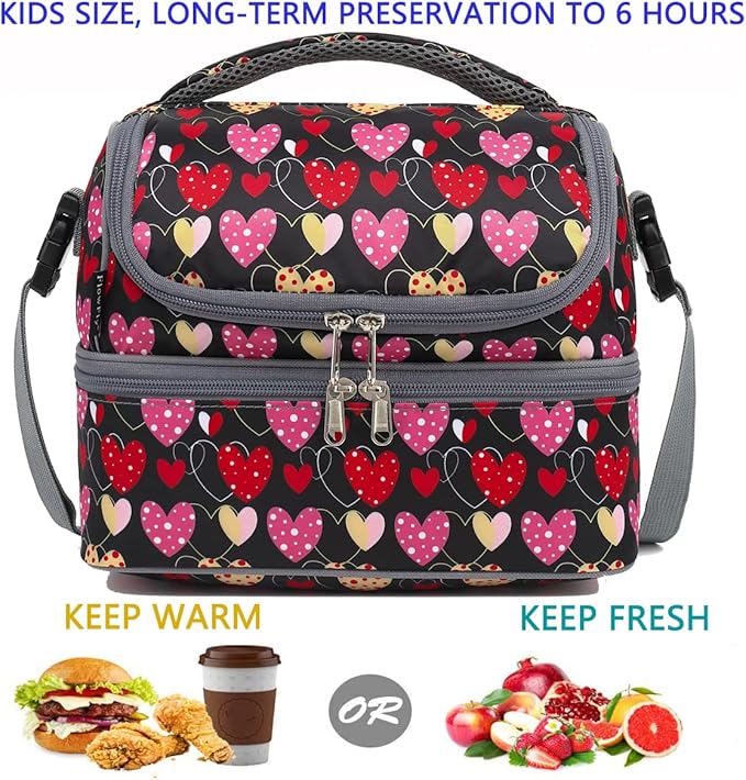 FlowFly Double Decker Cooler Insulated Lunch Bag Large Tote for Boys, Girls, Men, Women, With Adjustable Strap,Heart