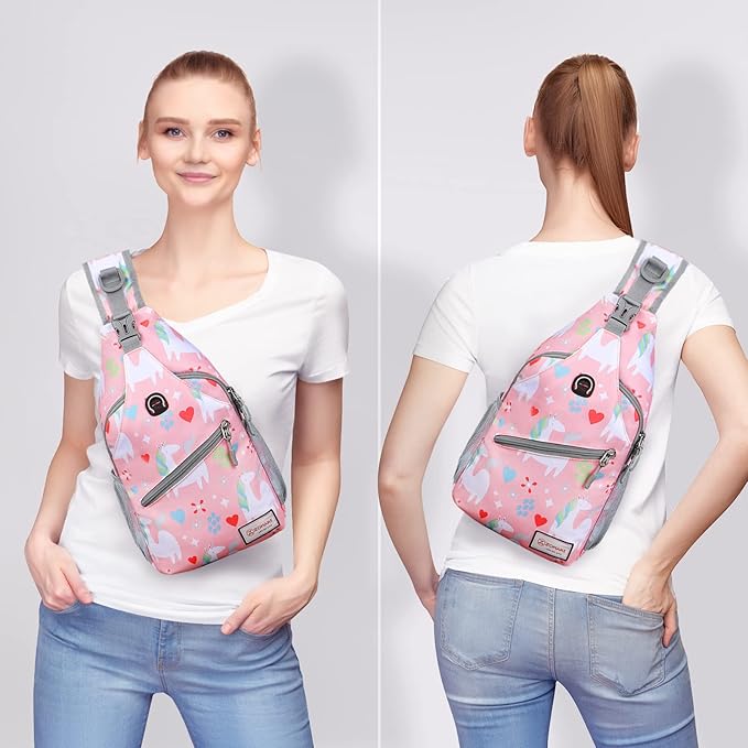 ZOMAKE Sling Bag for Women Men, Small Crossbody Sling Backpack, Mini Water Resistant Shoulder Daypack for Travel, Anti Thief Chest Bag for Hiking, Sports(Unicorn Pink)