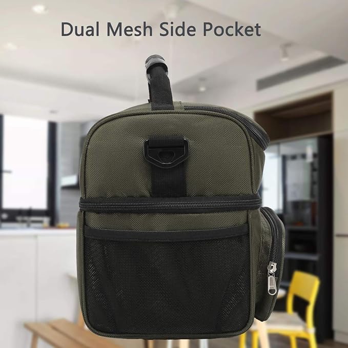 FlowFly Double Layer Cooler Insulated Lunch Bag Adult Lunch Box Large Tote Bag for Men, Women, With Adjustable Strap,Front Pocket and Dual Large Mesh Side Pockets