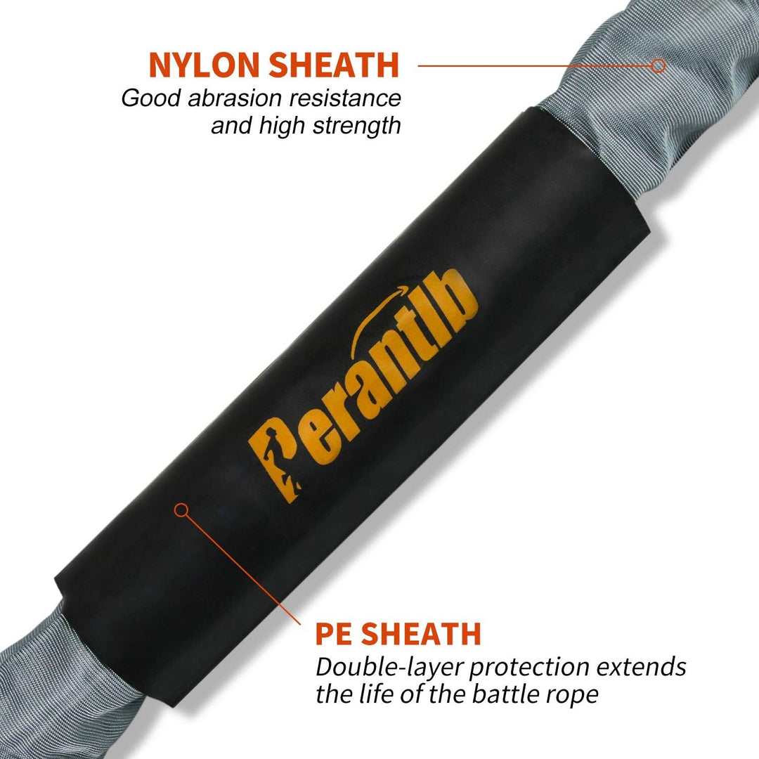 Perantlb Battle Rope with cloth sleeve -1.5/2 Inch Diameter 30' 40' 50' Lengths -Gym Muscle Toning Metabolic Workout Fitness, battle rope Anchor Strap Kit Included (1.5" x 30 ft Length)