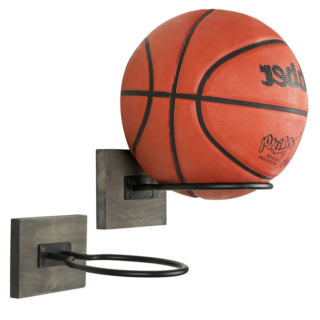 MyGift Wall Mounted 2 Pack Sports Ball Holder - Gray Wood and Black Metal Home Gym Basketball Football Volleyball Soccer Ball Display Rack