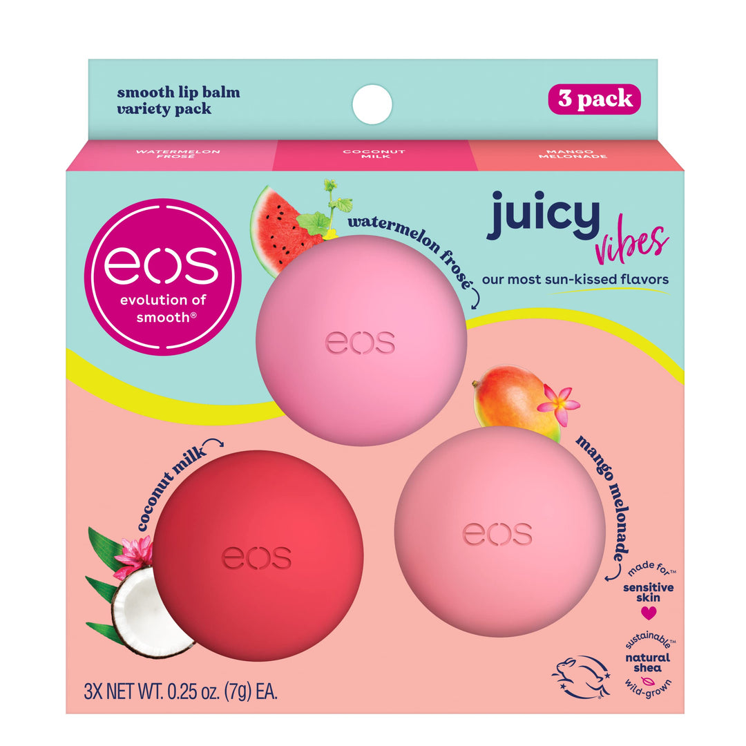 Eos Juicy Vibes Lip Balm Variety Pack- Watermelon Fros , Mango Melonade & Coconut Milk, All-Day Moisture Lip Care Products, 0.2