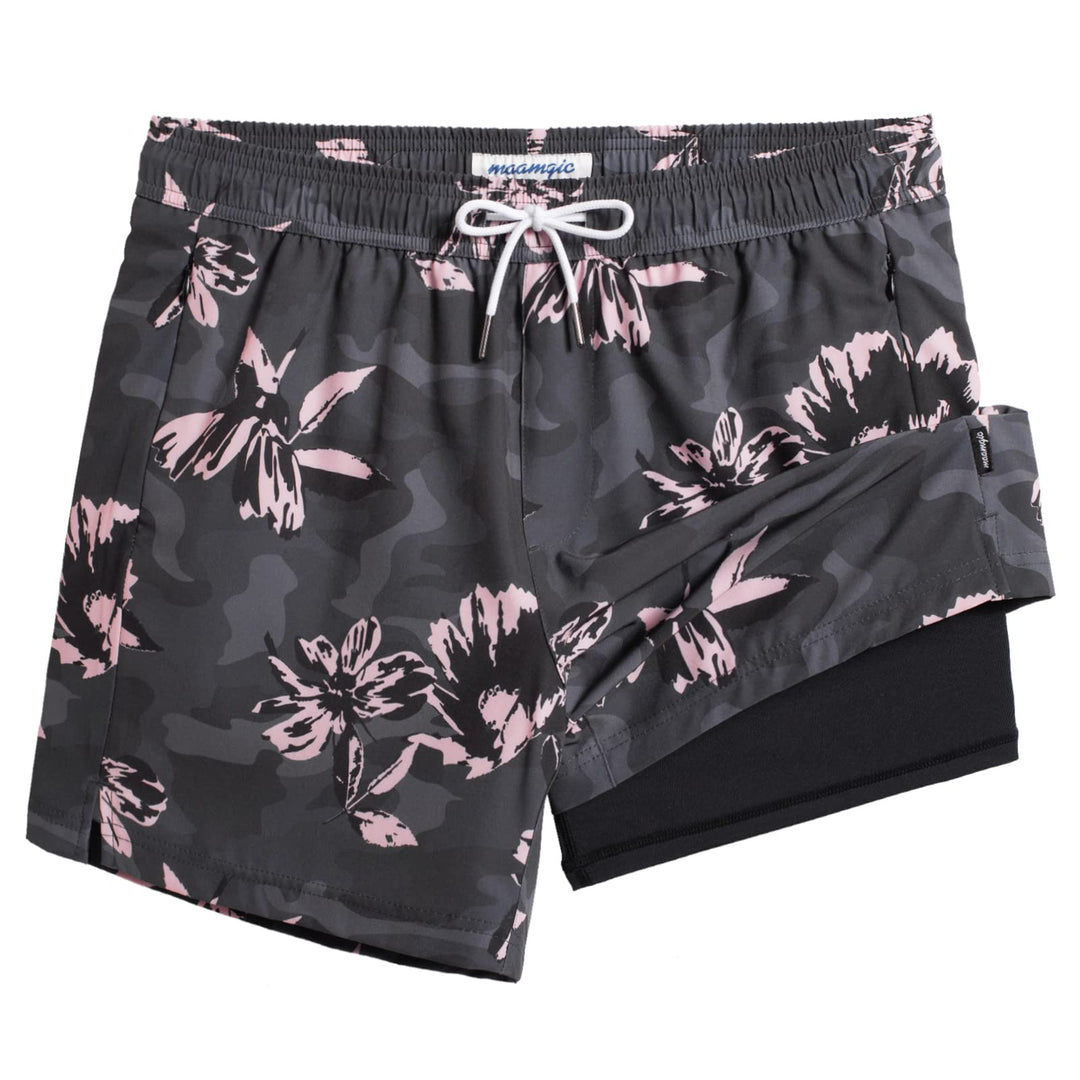 maamgic Mens Swim Trunks with Compression Liner 5" Stretch Athletic Swimming shorts Quick Dry with Zipper Pockets No-Chafing Board Shorts Dark Grey- Pink Poppy Flowers XS