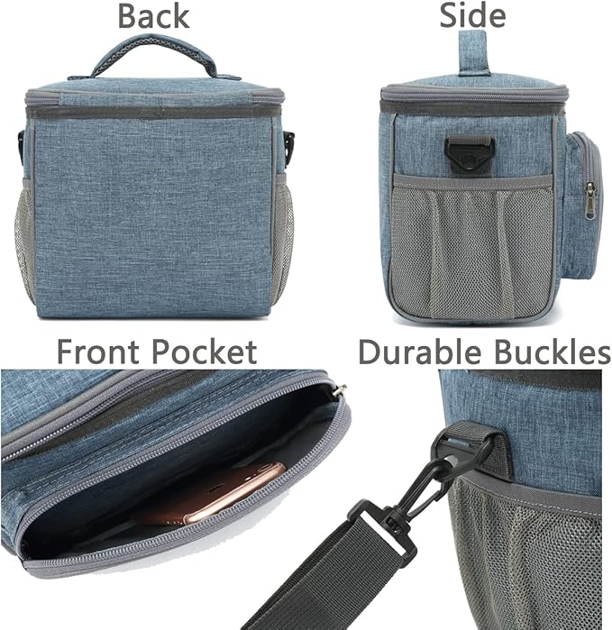 FlowFly Insulated Reusable Lunch Bag Adult Large Lunch Box for Women and Men with Adjustable Shoulder Strap,Front Zipper Pocket and Dual Large Mesh Side Pockets,Navy