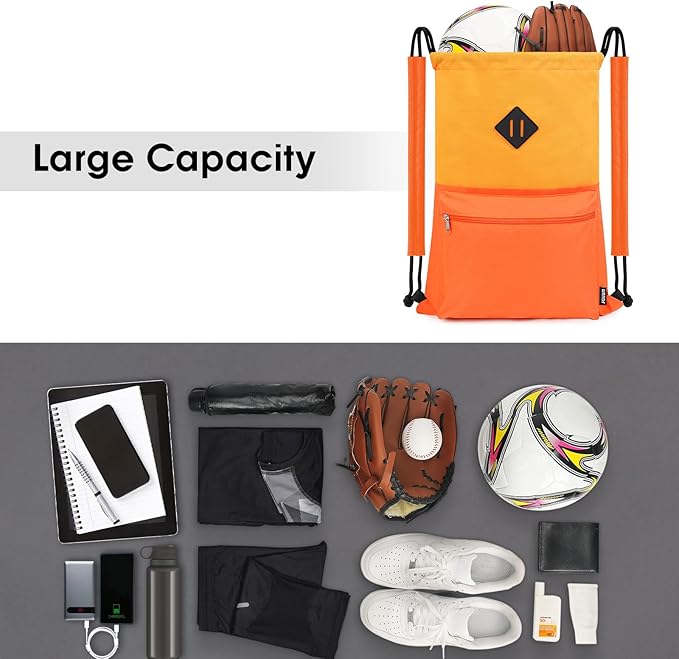 WANDF Drawstring Backpack with Shoulder Pad Sports Gym Backpack with Wet Compartment, Water-Resistant String Bag Cinch Bag for Women Men (Orange with Shoulder Pad)