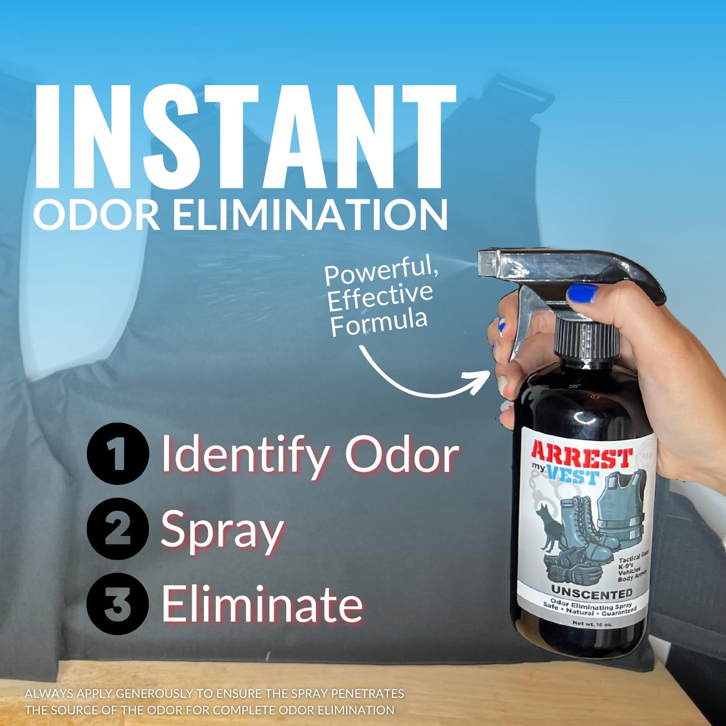 Arrest My Vest Military and Police Grade Odor Eliminating Spray for Body Armor, Tactical Gear. Safe on K9's, ballistic vests and all fabrics including leather - Unscented - 2 16 oz Bottles