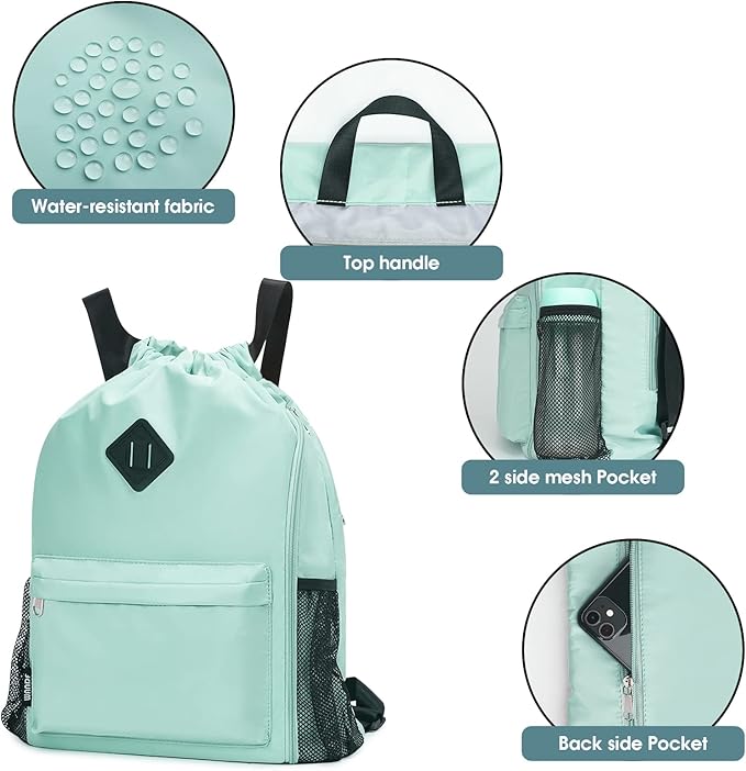 WANDF Drawstring Backpack Sports Gym Bag with Shoes Compartment, Water-Resistant String Backpack Cinch for Women Men (Large,Mint green)