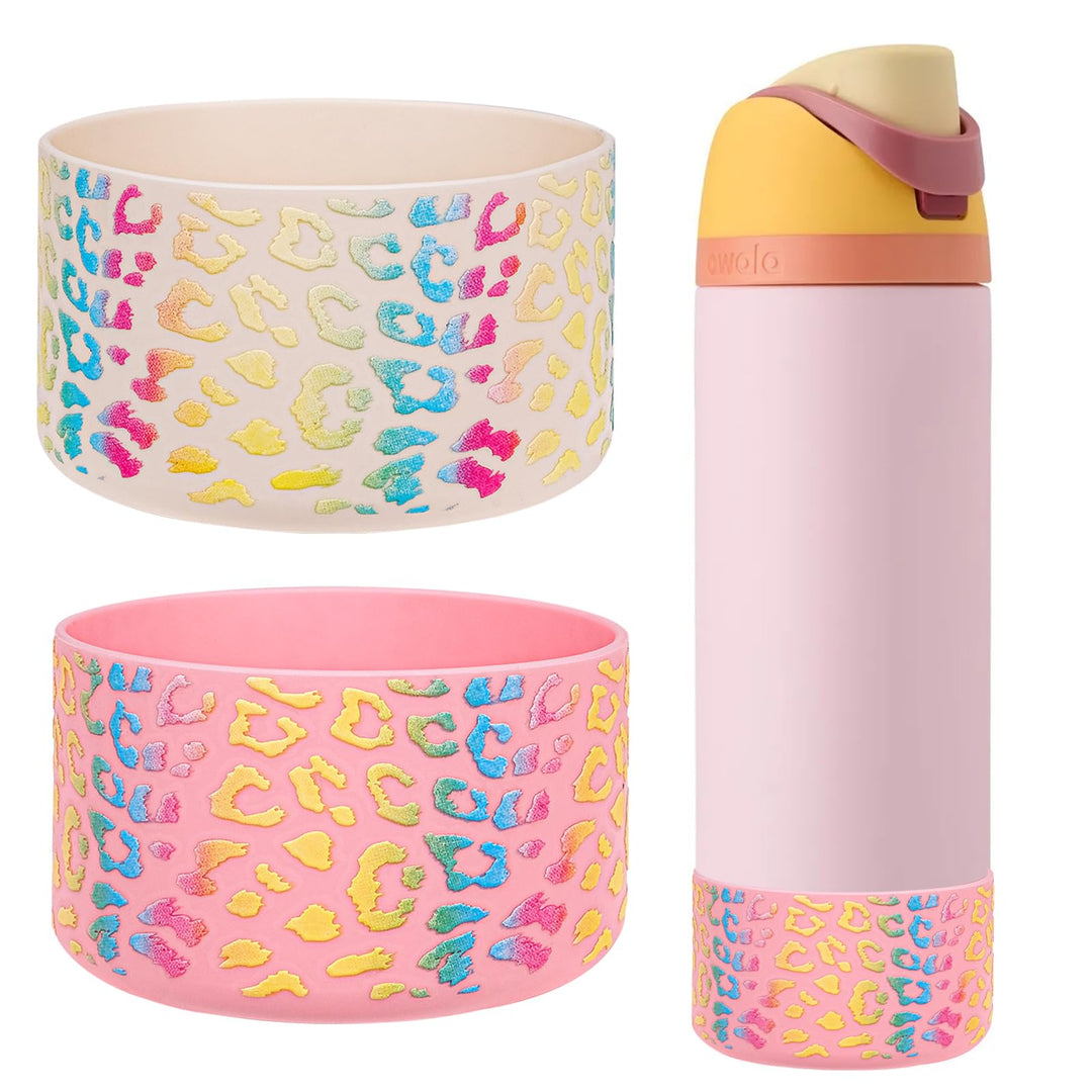 WK IEASON 2Pcs Silicone Water Bottle Boot for Owala 32oz, Protective Flask Bottom Cover Base for Owala FreeSip Twist and Flip Flask Bottles (Leo cream/pink, 32OZ)