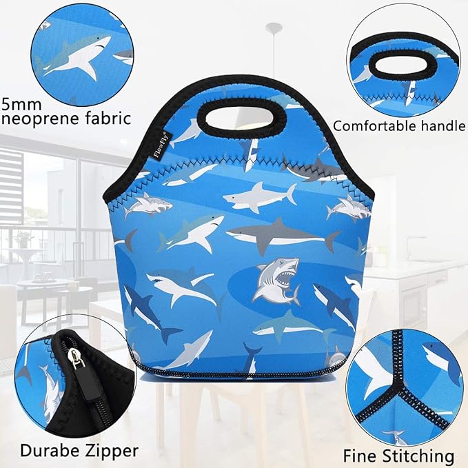 FlowFly Neoprene Kids Lunch box Insulated Soft Bag Mini Cooler Thermal Meal Tote Kit for Boys, Girls,Men,Women,School,Work, Office, Shark
