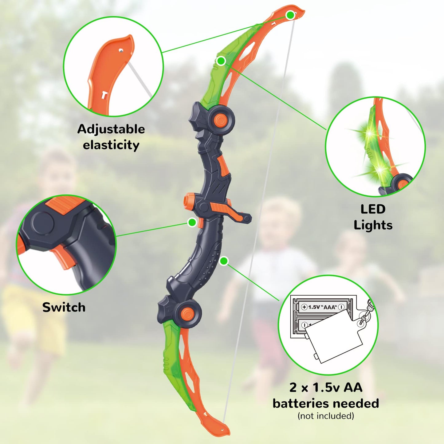 GMAOPHY Bow and Arrow for 5 6 7 8 9 10 11+ Year Old Boys, Birthday Gift for Kids, Indoor Outdoor Activity Toys, 2 Pack LED Light Up Archery Toy with 20 Suction Cup Arrows, Standing Target, 2 Quiver