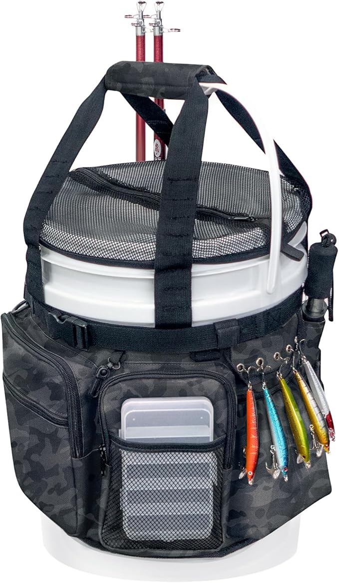 Fishing Bucket Organizer with Bucket Cover, Ice Fishing Tackle Bag with Rod & Plier Holder, Multi-Pockets for 5 Gallon Bucket Fishing Gear & Accessories