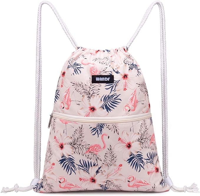 WANDF Drawstring Backpack String Bag Sackpack Cinch Water Resistant Nylon for Gym Shopping Sport Yoga (Flamingo)