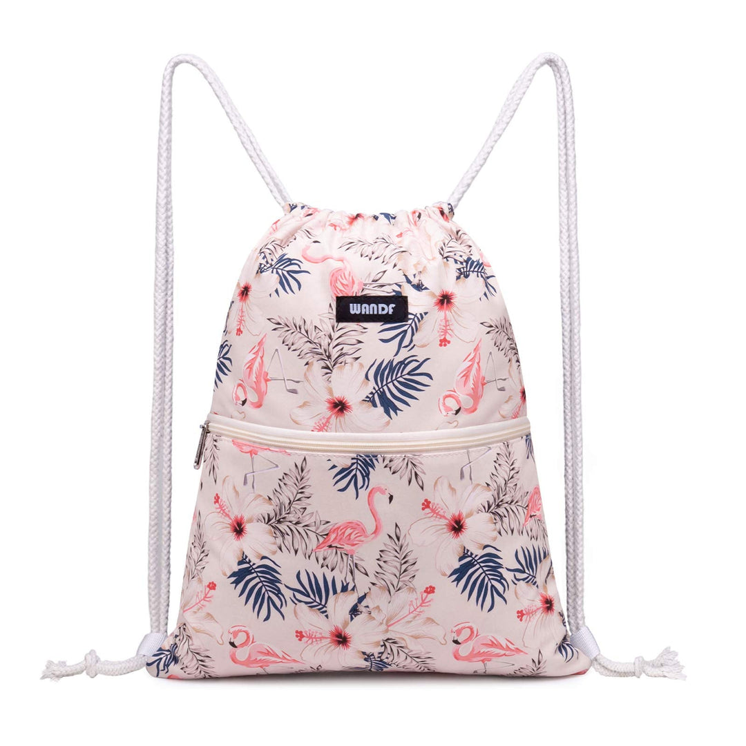 WANDF Drawstring Backpack String Bag Sackpack Cinch Water Resistant Nylon for Gym Shopping Sport Yoga (Flamingo)