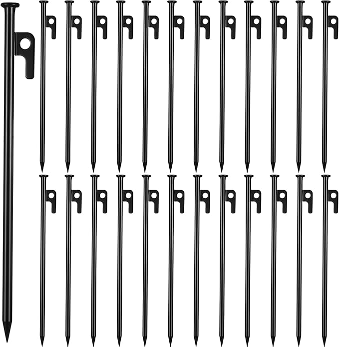 Blulu 24 Pcs 8/12/16 Inch Tent Stakes Heavy Duty Steel Metal Tent Pegs Unbreakable and Inflexible Metal Stakes Tent Spikes for Camping, Yard Decoration, Picnic, Tarp(Black, 12 Inch)