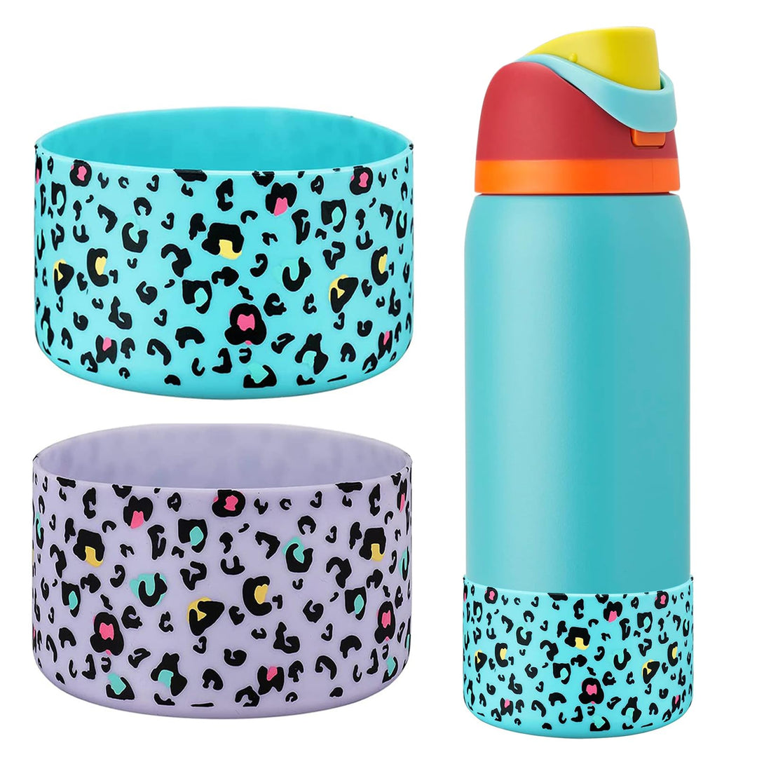 WK IEASON 2Pcs Silicone Water Bottle Boot for Owala 24oz, Protective Flask Bottom Cover Base for Owala FreeSip Twist and Flip Flask Bottles (Leo print Mint/fog, 24OZ)
