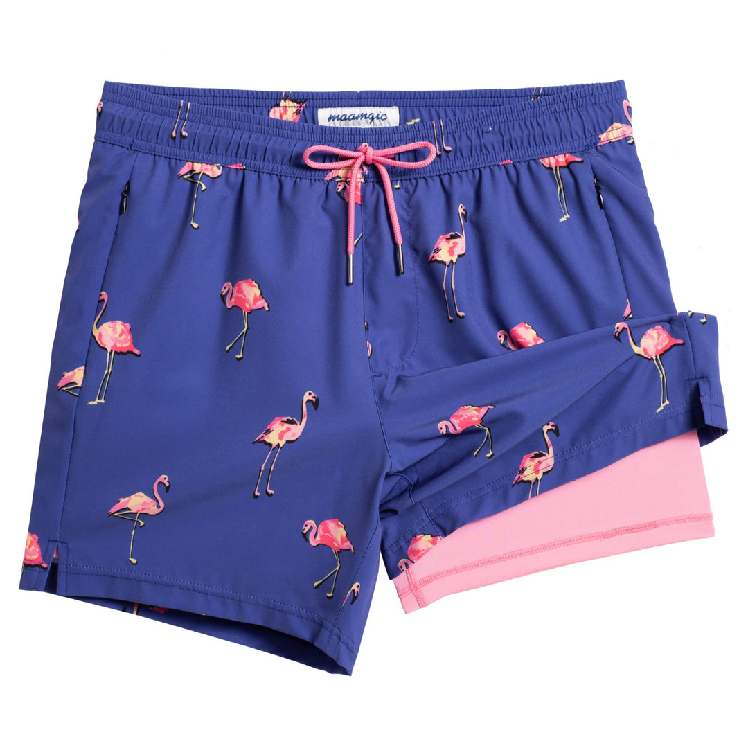 maamgic Mens Swim Trunks with Compression Liner 5" Stretch Athletic Swimming shorts Quick Dry with Zipper Pockets No-Chafing Board Shorts Blue-Pink Flamingo Small