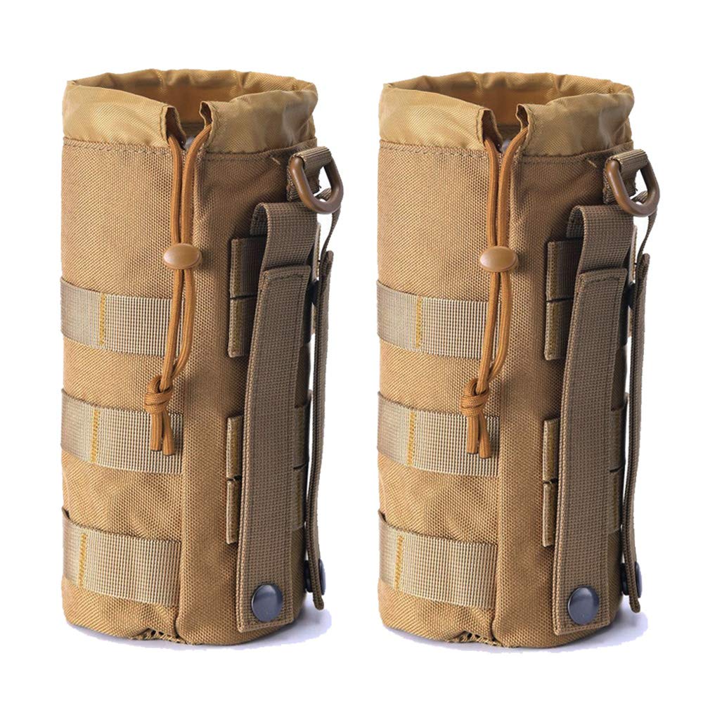 Upgraded Sports Water Bottles Pouch Bag, Tactical Drawstring Molle Holder Pouches, Travel Mesh Tactical Hydration Carrier (Tan-2Pack)
