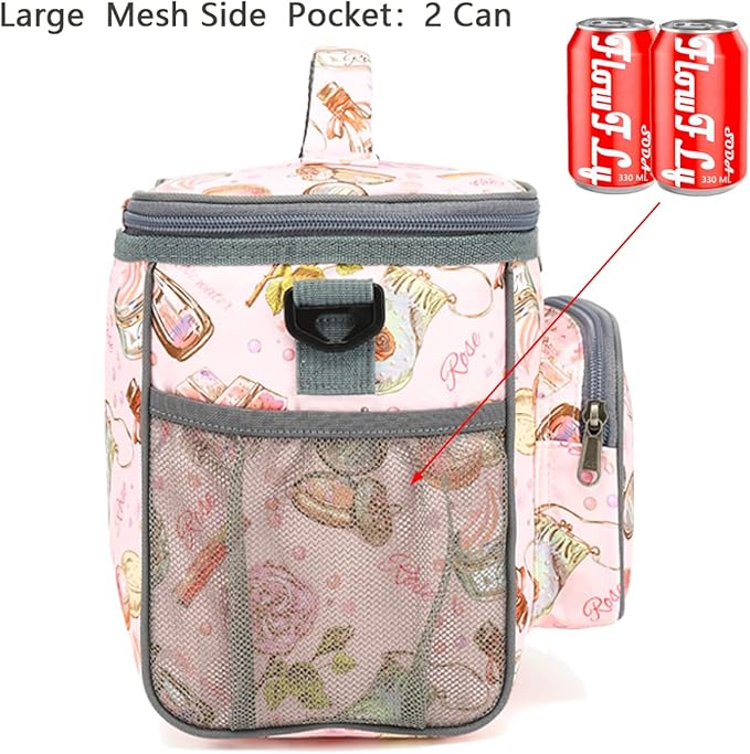 FlowFly Insulated Reusable Lunch Bag Adult Large Lunch Box for Women and Men with Adjustable Shoulder Strap,Front Zipper Pocket and Dual Large Mesh Side Pockets,Rose