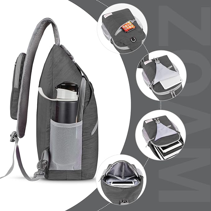 ZOMAKE Sling Bag for Women Men, Small Crossbody Sling Backpack, Mini Water Resistant Shoulder Daypack for Travel, Anti Thief Chest Bag for Hiking, Sports, Black(Stripe)