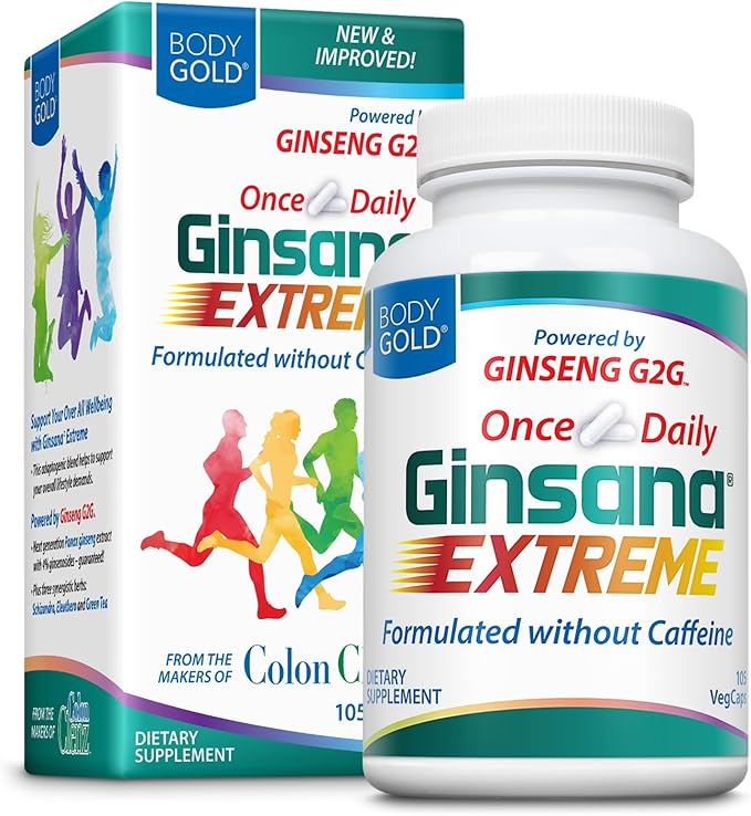 Body Gold Ginsana Energy | Panax Ginseng Extract w/Energizing Herbal Blend for Focus & Endurance | Schizandra Berry, Eleuthero Root, and Decaffeinated Green Tea Leaf Extract | 52 Serv | 105 VegCaps