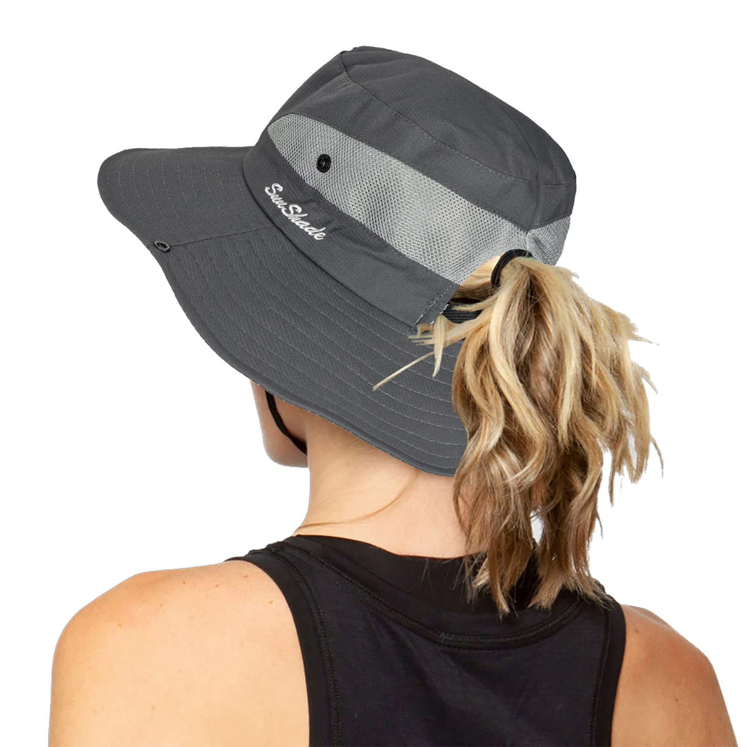 Women's Outdoor UV-Protection-Foldable Sun-Hats Mesh Wide-Brim Beach Fishing Hat with Ponytail-Hole (Dark Grey)