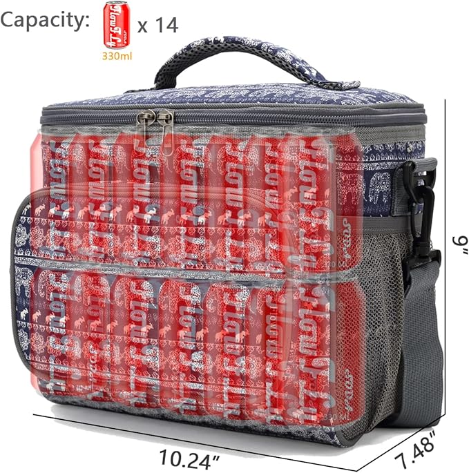 FlowFly Insulated Reusable Lunch Bag Adult Large Lunch Box for Women and Men with Adjustable Shoulder Strap,Front Zipper Pocket and Dual Large Mesh Side Pockets,Elephant