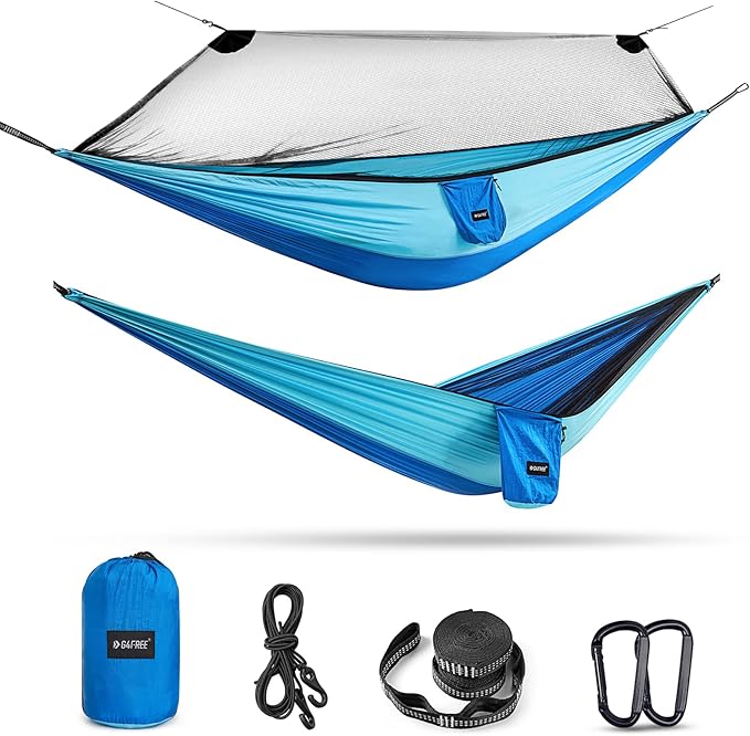 G4Free Large Camping Hammock with Mosquito Net 2 Person Pop-up Parachute Lightweight Hanging Hammocks Tree Straps Swing Bed for Outdoor Backpacking Backyard Hiking