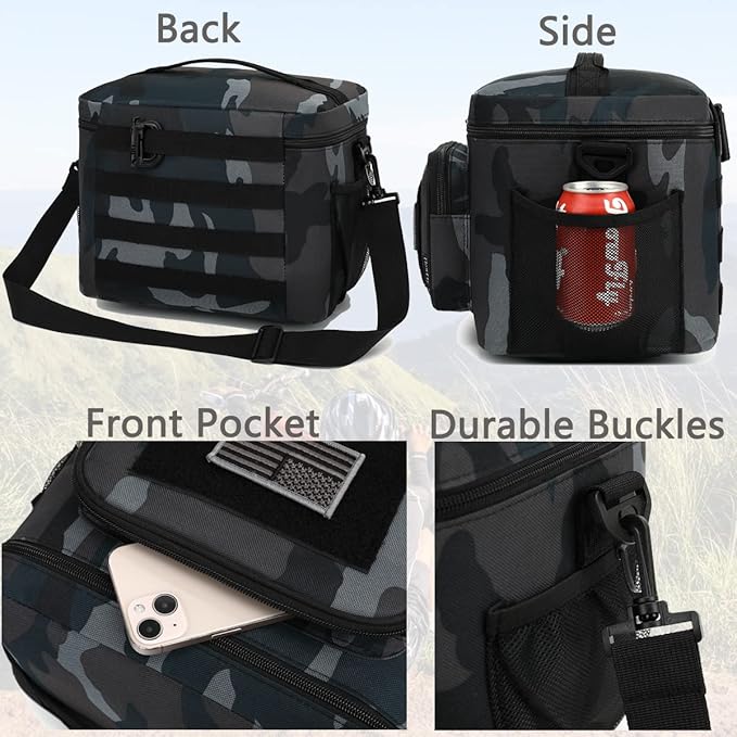 FlowFly Lunch Bag, Insulated Cooler, Thermal Lunch Box Tote with MOLLE/PALS Webbing, Adjustable Padded Shoulder Strap, for Tactical Men Women Adults and Boys Girls Kids (Black#Camo, Large)