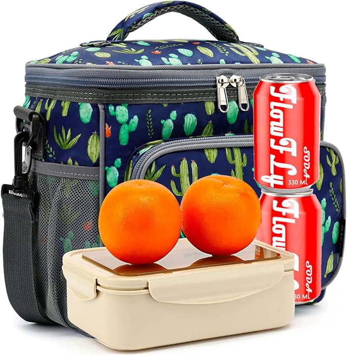 FlowFly Insulated Reusable Lunch Bag Adult Large Lunch Box for Women and Men with Adjustable Shoulder Strap,Front Zipper Pocket and Dual Large Mesh Side Pockets,Cactus
