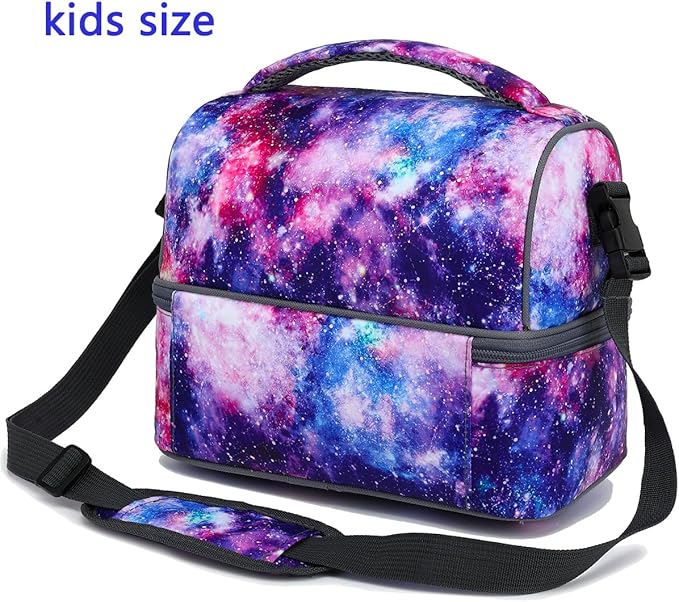 FlowFly Double Decker Cooler Insulated Lunch Bag Large Tote for Boys, Girls, Men, Women, With Adjustable Strap,Galaxy
